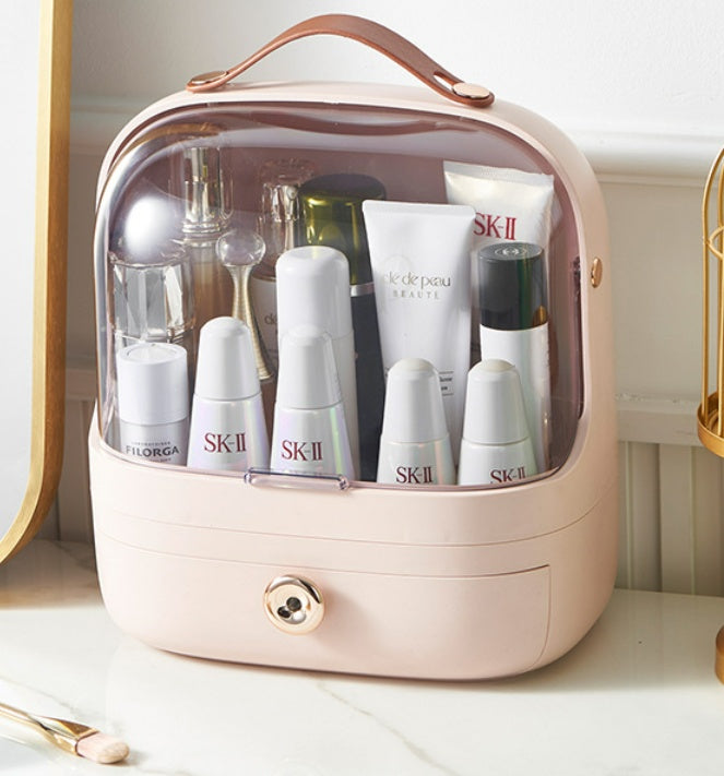 Dustproof cosmetics box | Clear lid makeup storage | Dust-resistant organizer | Large capacity makeup box | Durable cosmetic case | Transparent makeup container | Portable cosmetic box | Easy-clean makeup storage | Multi-compartment box | Secure makeup case